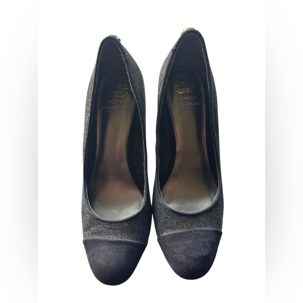 Monet Black Shimmer Cap Toe Pumps Heels 3” Classic Italian Designer Women’s 7.5 - Picture 2 of 7